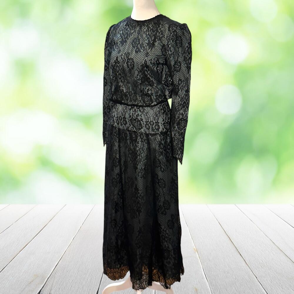 Vintage JESSICA MCCLINTOCK Lace Gown Maxi Dress Puff Sleeve Gothic Formal Sz 2
